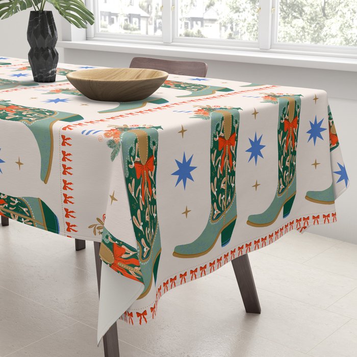 Festive Cowboy Boot Christmas Art  Whimsical Western Holiday Decor Tablecloth Gallery Image 3