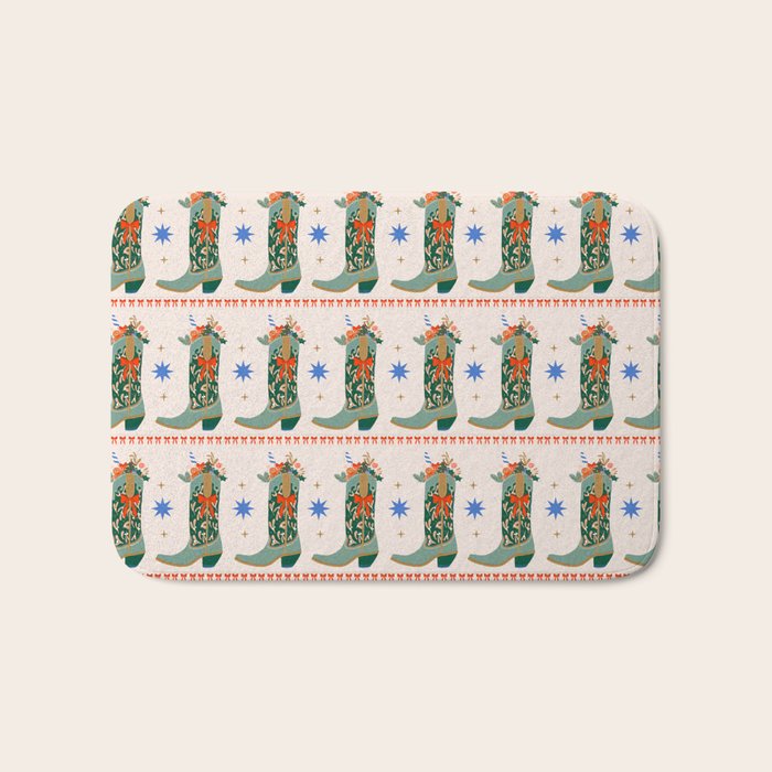 Festive Cowboy Boot Christmas Art  Whimsical Western Holiday Decor Bath Mat Gallery Image 1