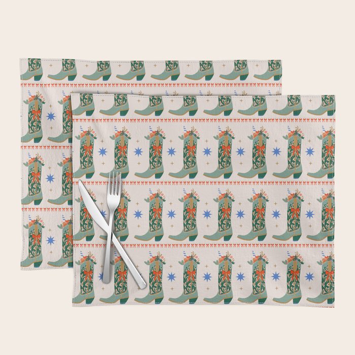 Festive Cowboy Boot Christmas Art  Whimsical Western Holiday Decor Placemat Gallery Image 1