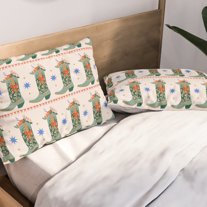 Festive Cowboy Boot Christmas Art  Whimsical Western Holiday Decor Pillow Sham Gallery Image 2