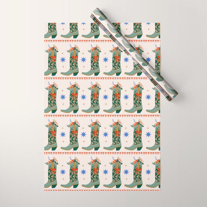 Festive Cowboy Boot Christmas Art  Whimsical Western Holiday Decor Wrapping Paper Gallery Image 1