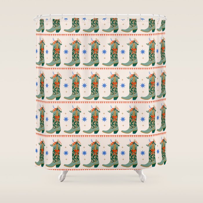 Festive Cowboy Boot Christmas Art  Whimsical Western Holiday Decor Shower Curtain Gallery Image 1
