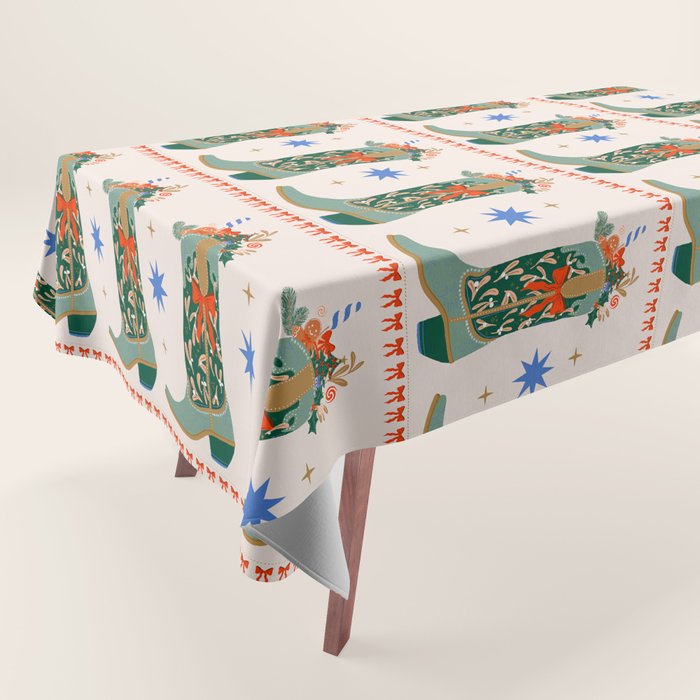 Festive Cowboy Boot Christmas Art  Whimsical Western Holiday Decor Tablecloth Gallery Image 1