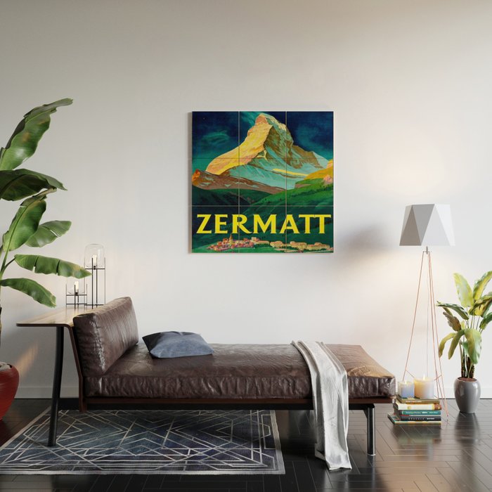 Zermatt Switzerland Vintage Mid Century Modern Travel Poster Wood Wall Art Gallery Image 2