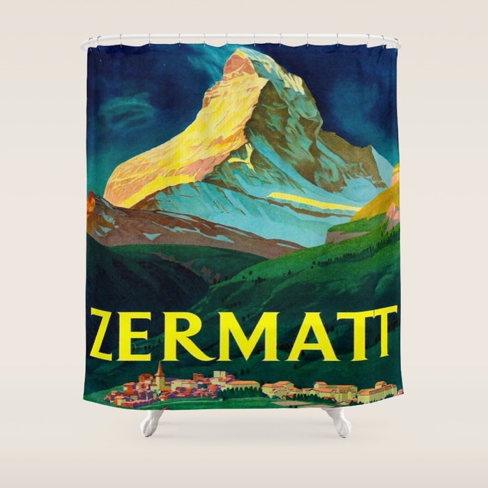 Zermatt Switzerland Vintage Mid Century Modern Travel Poster Shower Curtain Gallery Image 1