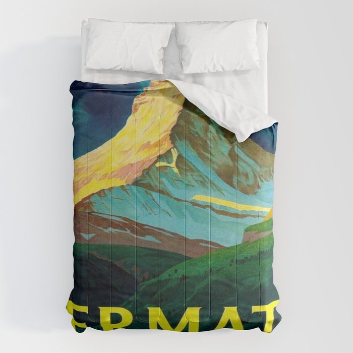 Zermatt Switzerland Vintage Mid Century Modern Travel Poster Comforter Gallery Image 6