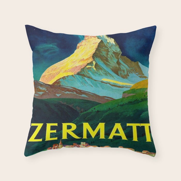 Zermatt Switzerland Vintage Mid Century Modern Travel Poster Throw Pillow Gallery Image 1
