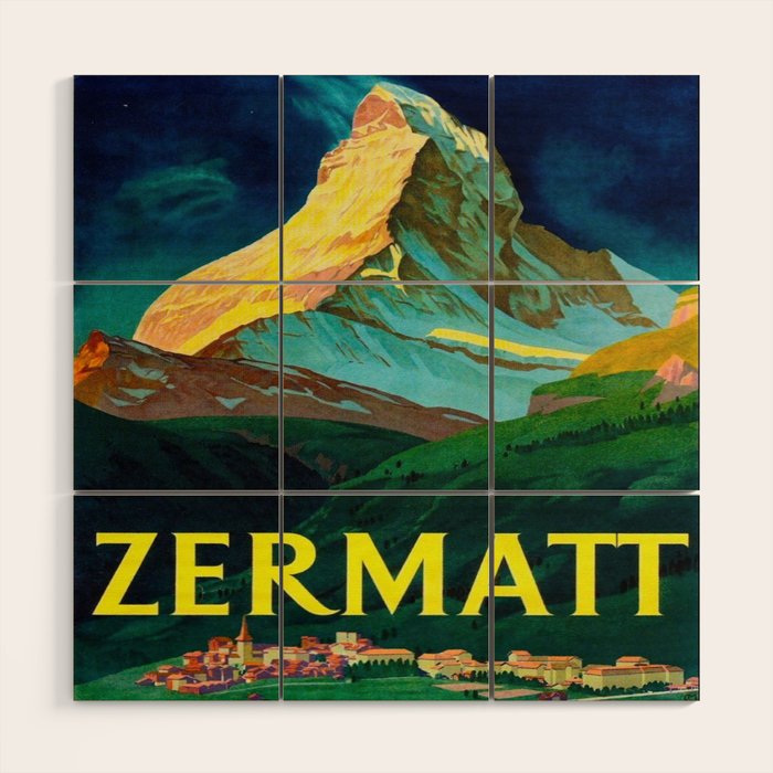 Zermatt Switzerland Vintage Mid Century Modern Travel Poster Wood Wall Art Gallery Image 1