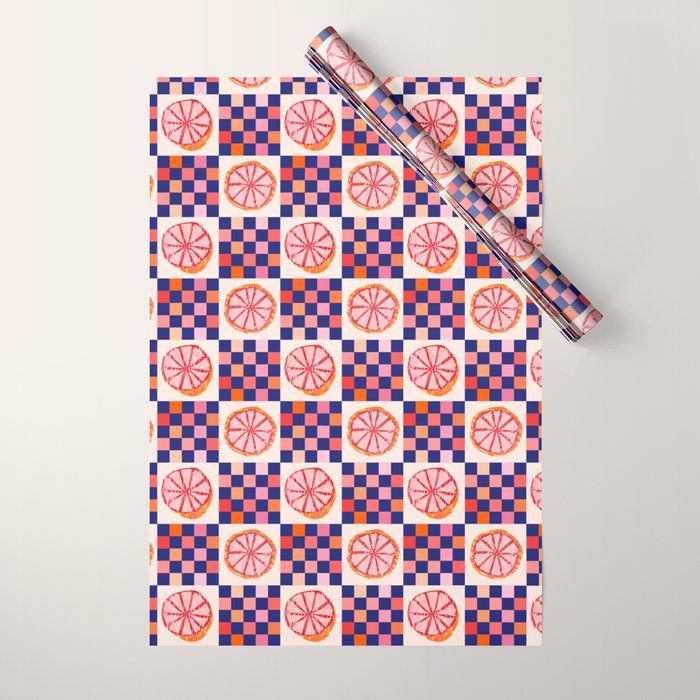 Checkered Sliced Citrus Fruit in Navy & Peachy Pink Wrapping Paper Gallery Image 1