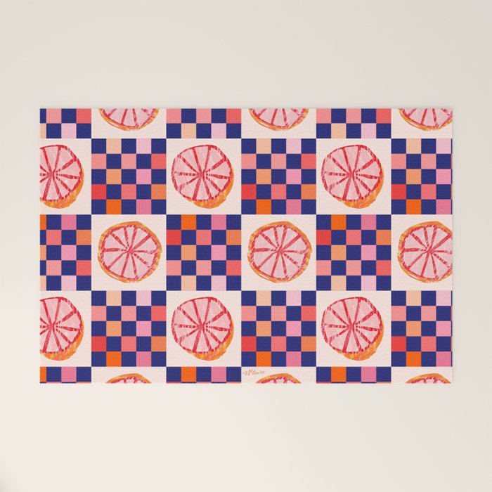 Checkered Sliced Citrus Fruit in Navy & Peachy Pink Welcome Mat Gallery Image 1