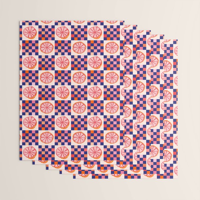 Checkered Sliced Citrus Fruit in Navy & Peachy Pink Wrapping Paper Gallery Image 3