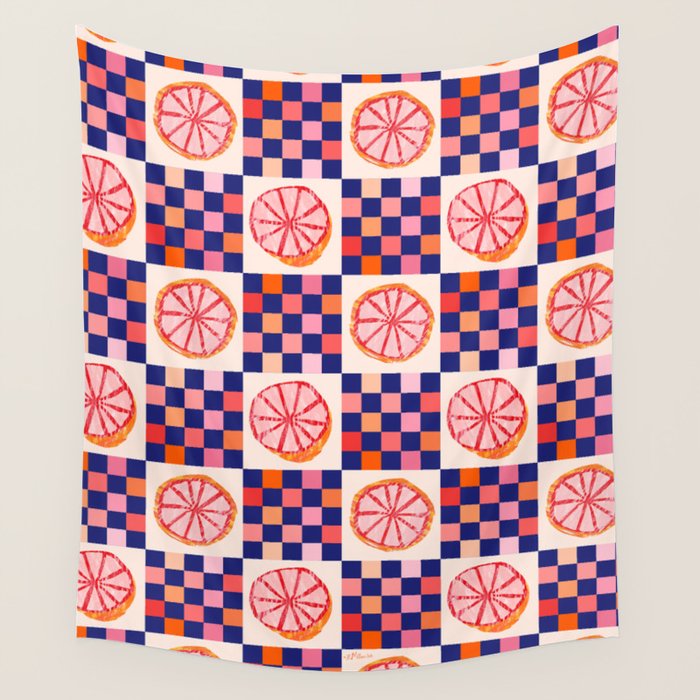 Checkered Sliced Citrus Fruit in Navy & Peachy Pink Wall Tapestry Gallery Image 4