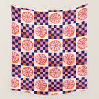 Checkered Sliced Citrus Fruit in Navy & Peachy Pink Wall Tapestry Gallery Image 4