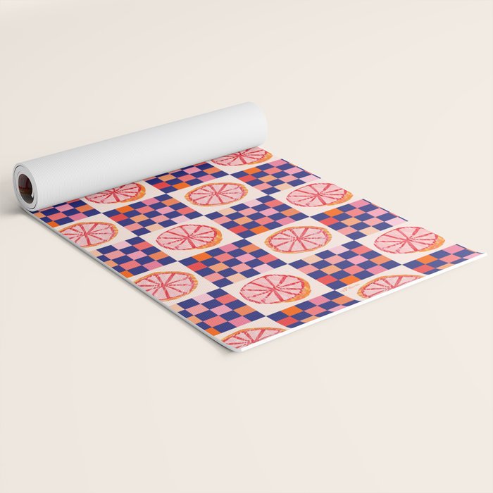 Checkered Sliced Citrus Fruit in Navy & Peachy Pink Yoga Mat Gallery Image 2