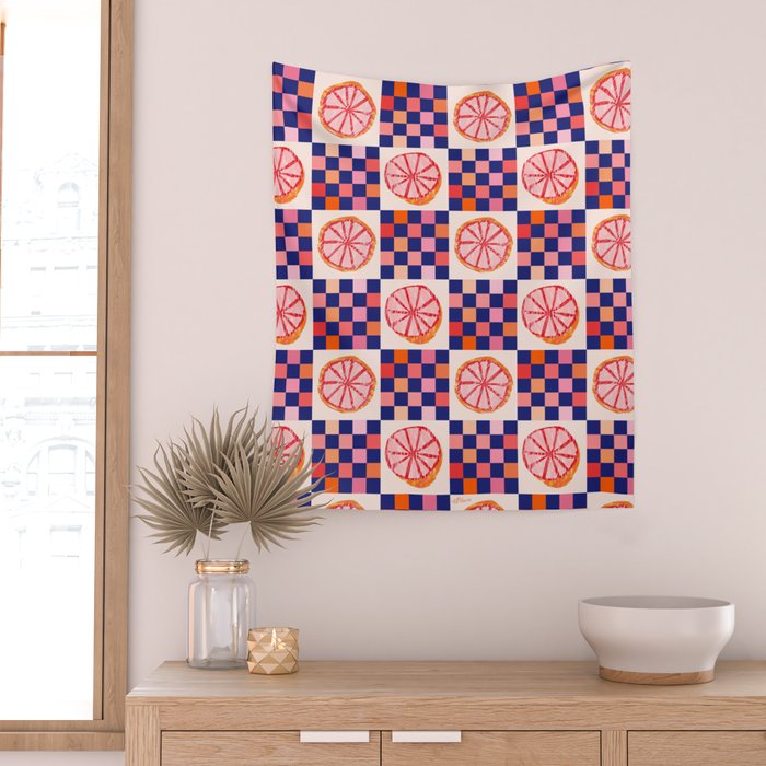 Checkered Sliced Citrus Fruit in Navy & Peachy Pink Wall Tapestry Gallery Image 2