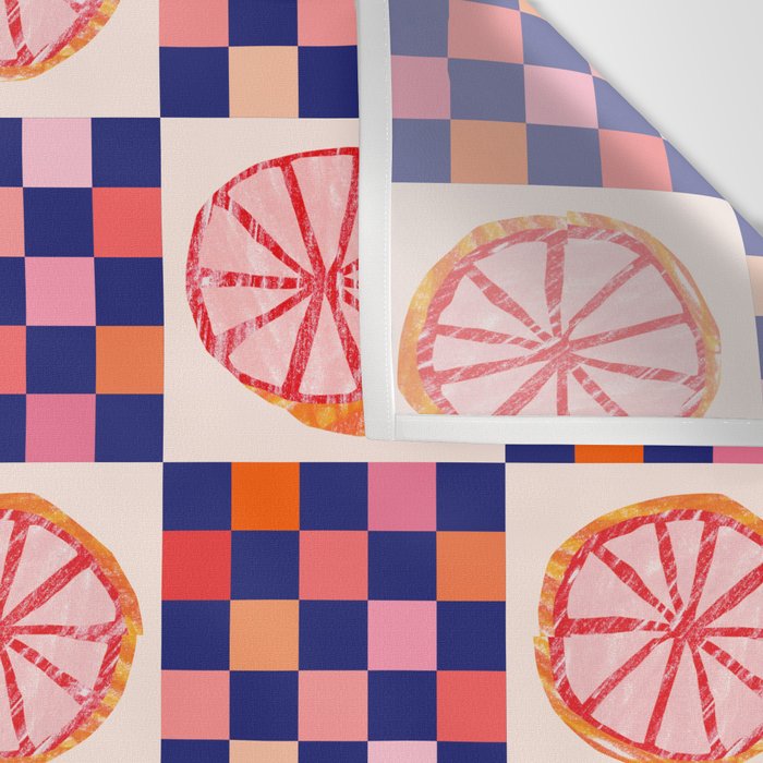 Checkered Sliced Citrus Fruit in Navy & Peachy Pink Wall Tapestry Gallery Image 3