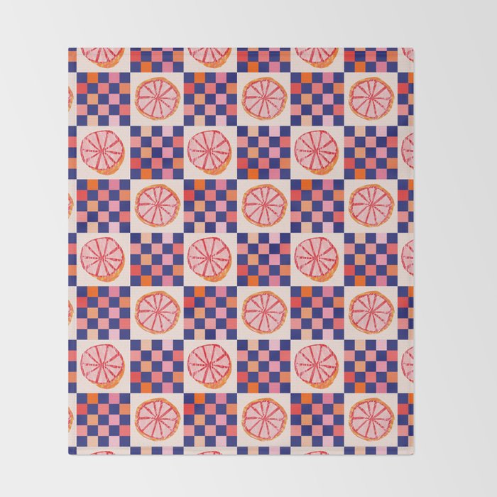 Checkered Sliced Citrus Fruit in Navy & Peachy Pink Throw Blanket Gallery Image 2