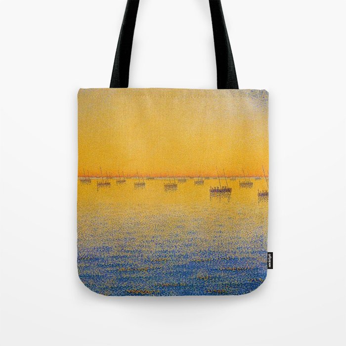 Classical Masterpiece 'Setting Sun and Boats' by Paul Signac Tote Bag Gallery Image 1