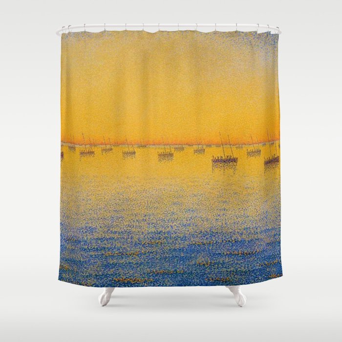Classical Masterpiece 'Setting Sun and Boats' by Paul Signac Shower Curtain Gallery Image 1