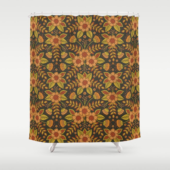 Orange, Peach, Olive Green & Dark Gray Floral Pattern Shower Curtain Gallery Image 1
