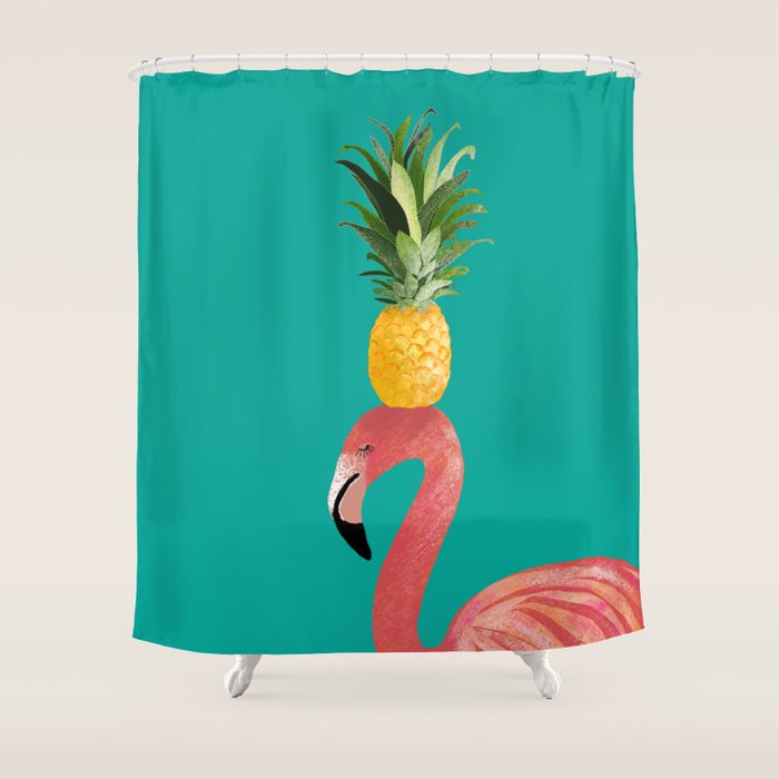Flamingo Vibes |Tropical Pink Bird Pineapple on Head| Renee Davis Shower Curtain Gallery Image 1
