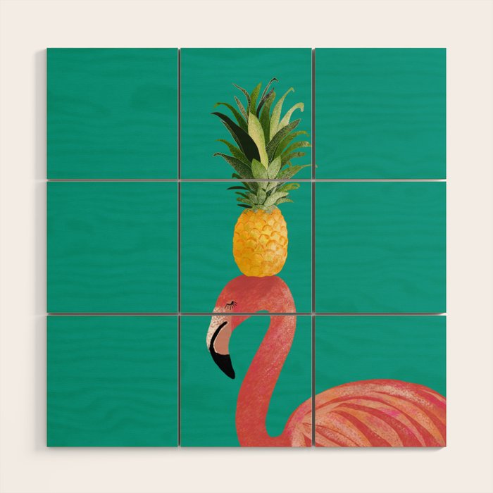 Flamingo Vibes |Tropical Pink Bird Pineapple on Head| Renee Davis Wood Wall Art Gallery Image 1