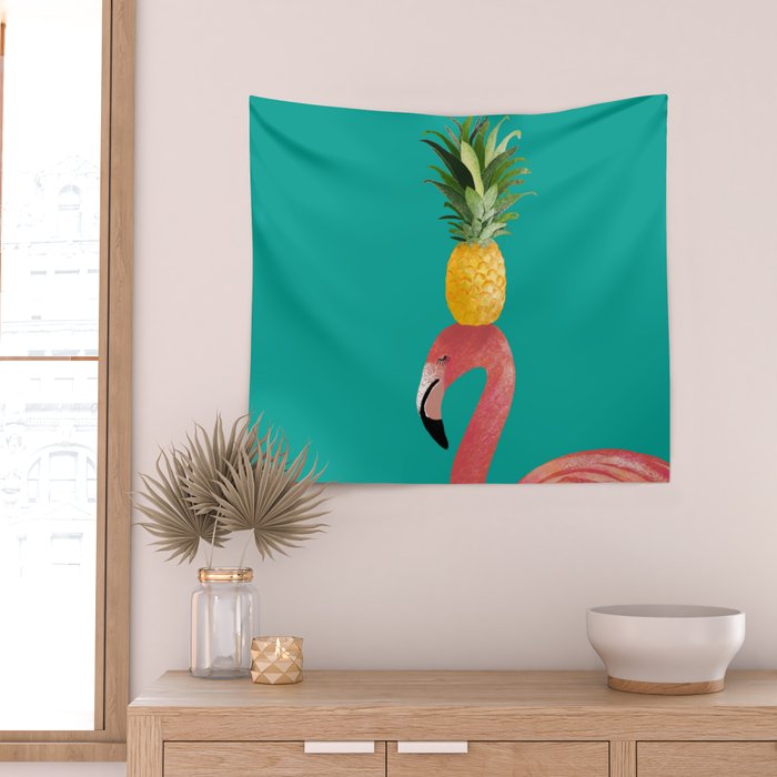 Flamingo Vibes |Tropical Pink Bird Pineapple on Head| Renee Davis Wall Tapestry Gallery Image 2