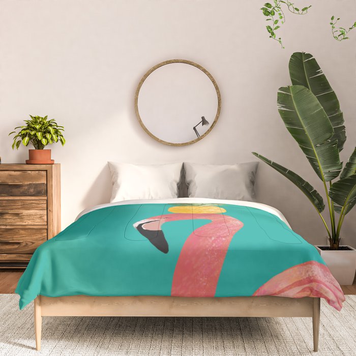 Flamingo Vibes |Tropical Pink Bird Pineapple on Head| Renee Davis Comforter Gallery Image 3