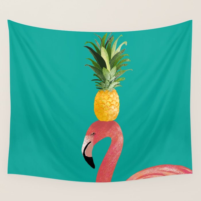 Flamingo Vibes |Tropical Pink Bird Pineapple on Head| Renee Davis Wall Tapestry Gallery Image 4