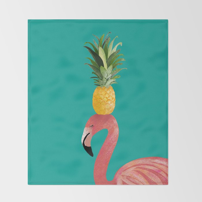 Flamingo Vibes |Tropical Pink Bird Pineapple on Head| Renee Davis Throw Blanket Gallery Image 2