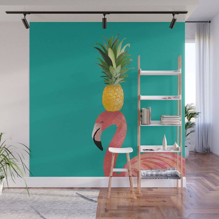 Flamingo Vibes |Tropical Pink Bird Pineapple on Head| Renee Davis Wall Mural Gallery Image 1