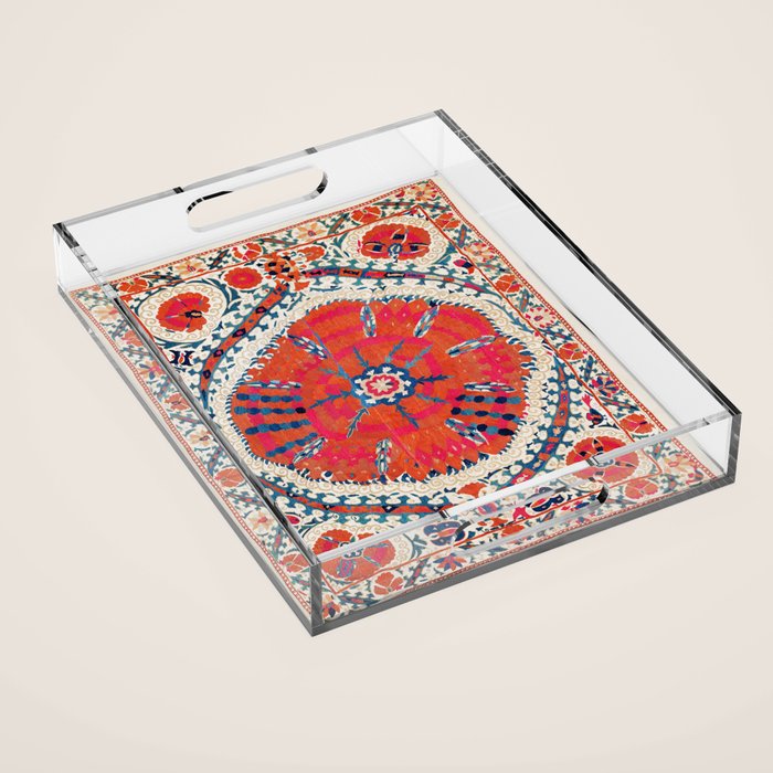 Large Medallion Suzani Bokhara Uzbekistan Embroidery Print Acrylic Tray Gallery Image 1