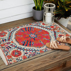 Large Medallion Suzani Bokhara Uzbekistan Embroidery Print Outdoor Rug Gallery Image 2