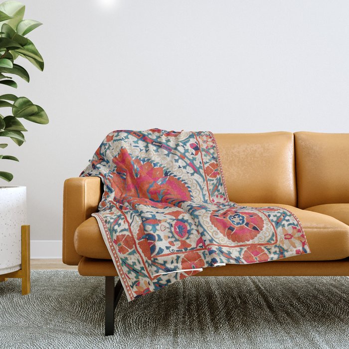 Large Medallion Suzani Bokhara Uzbekistan Embroidery Print Throw Blanket Gallery Image 1