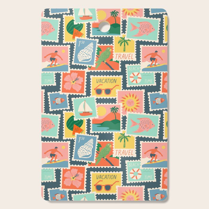 Summer travel postage stamp sticker pattern Cutting Board Gallery Image 1