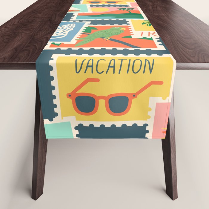 Summer travel postage stamp sticker pattern Table Runner Gallery Image 1