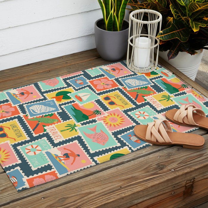 Summer travel postage stamp sticker pattern Outdoor Rug Gallery Image 2