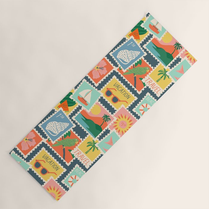 Summer travel postage stamp sticker pattern Yoga Mat Gallery Image 1