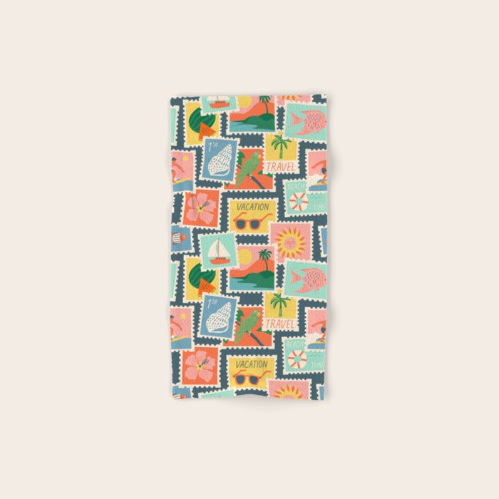 Summer travel postage stamp sticker pattern Bath Towel Gallery Image 1