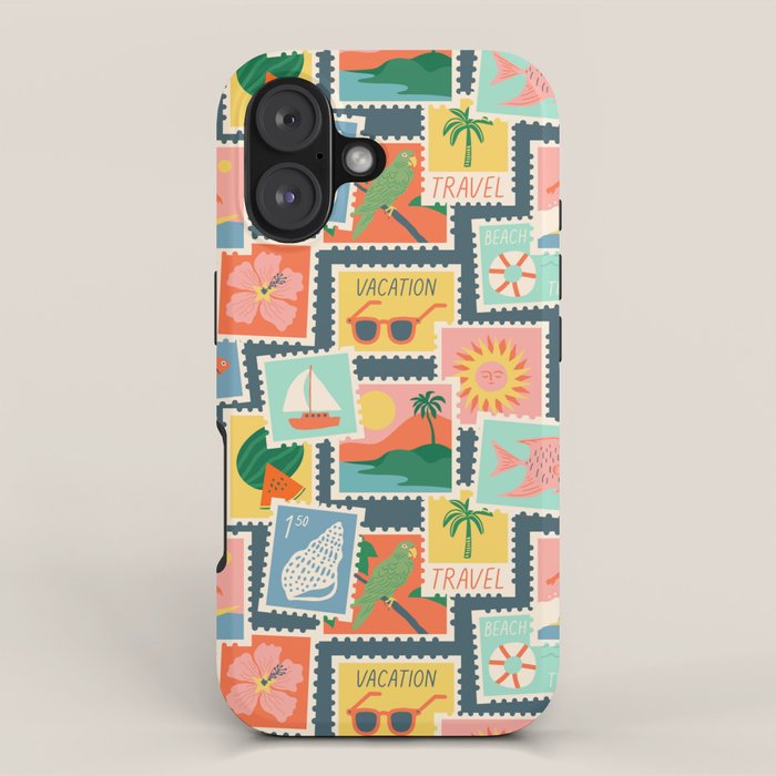 Summer travel postage stamp sticker pattern iPhone Case Gallery Image 1