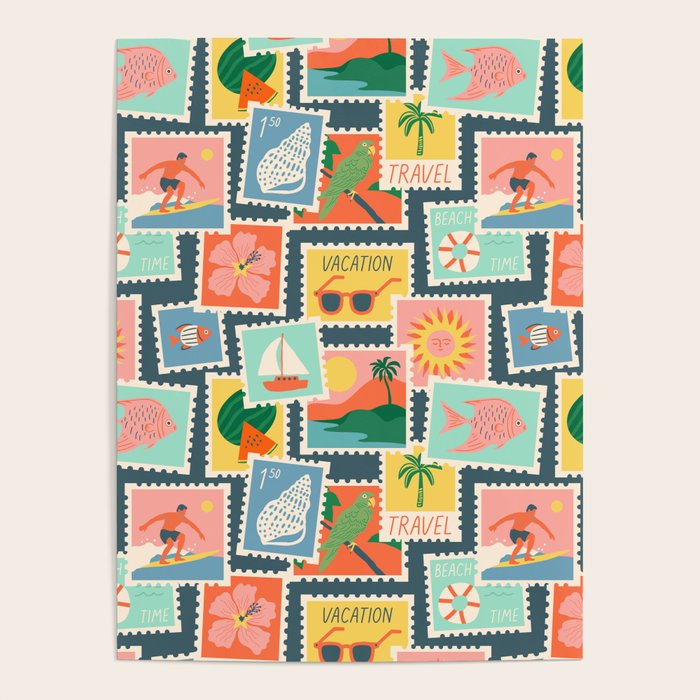Summer travel postage stamp sticker pattern Poster Gallery Image 1