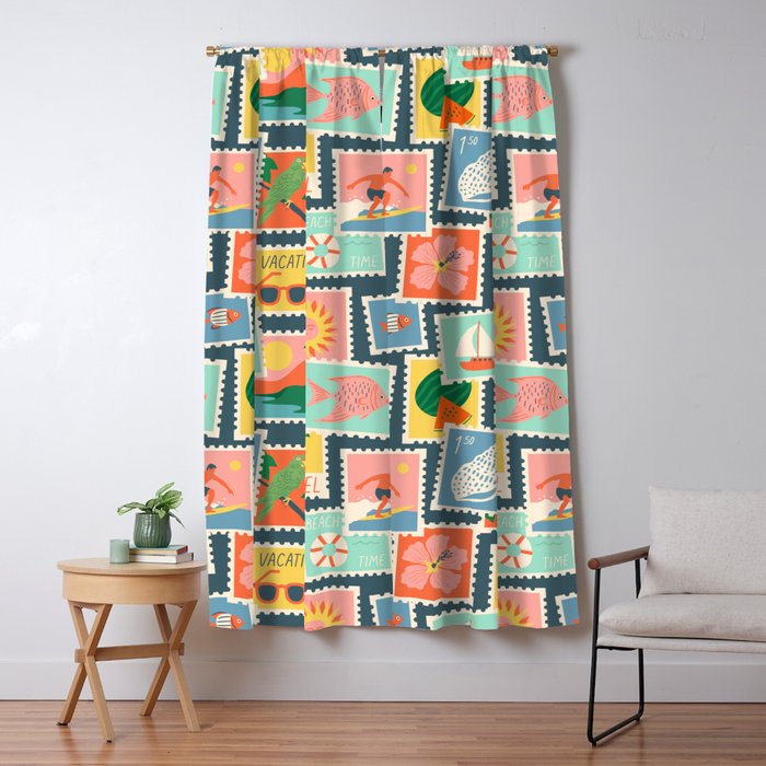 Summer travel postage stamp sticker pattern Window Curtain Gallery Image 1