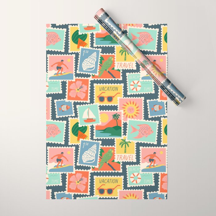 Summer travel postage stamp sticker pattern Wrapping Paper Gallery Image 1