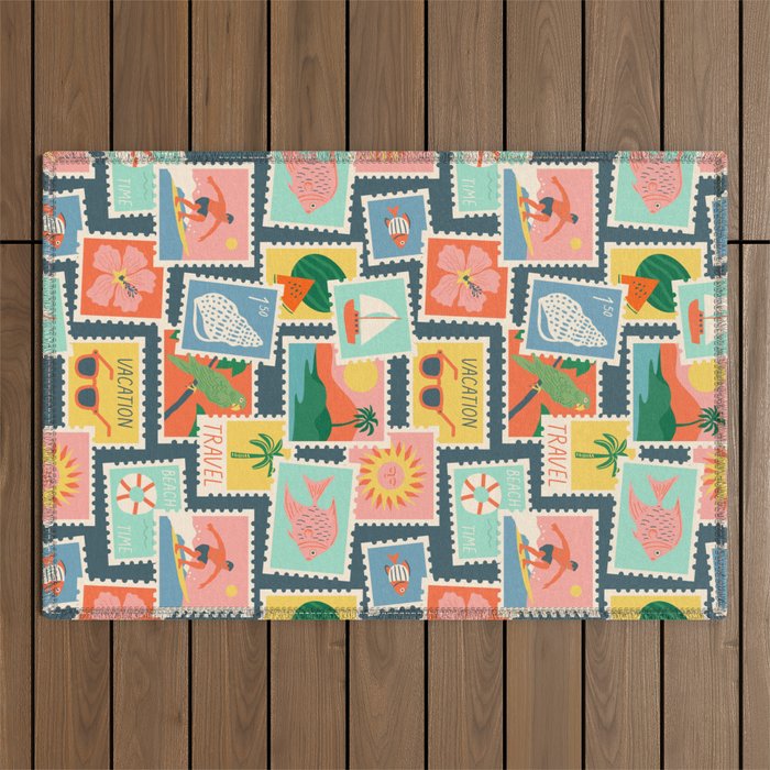 Summer travel postage stamp sticker pattern Outdoor Rug Gallery Image 1
