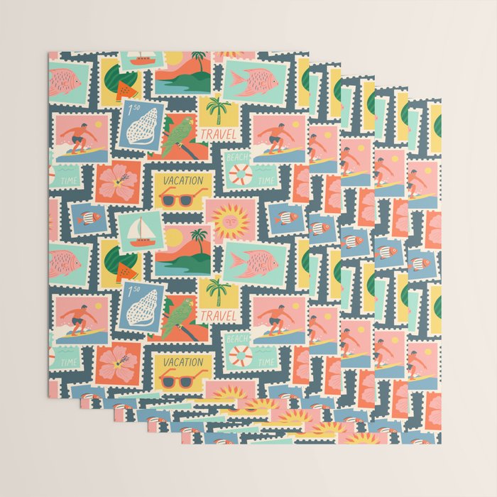 Summer travel postage stamp sticker pattern Wrapping Paper Gallery Image 3