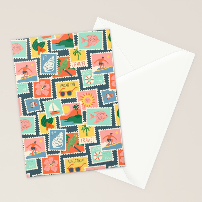 Summer travel postage stamp sticker pattern Stationery Card Gallery Image 2