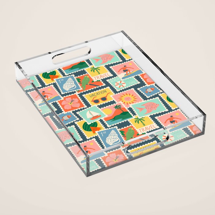 Summer travel postage stamp sticker pattern Acrylic Tray Gallery Image 1