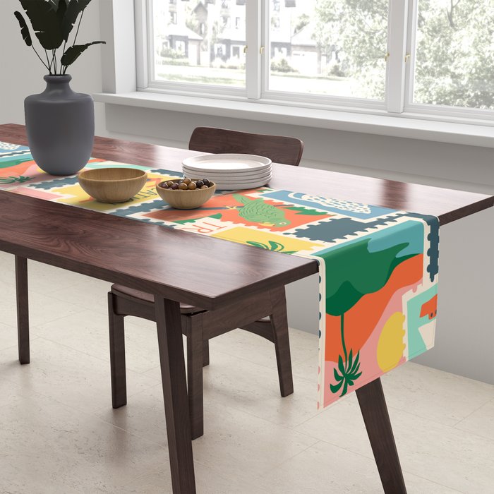 Summer travel postage stamp sticker pattern Table Runner Gallery Image 2