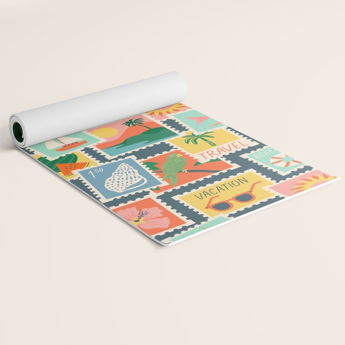 Summer travel postage stamp sticker pattern Yoga Mat Gallery Image 2
