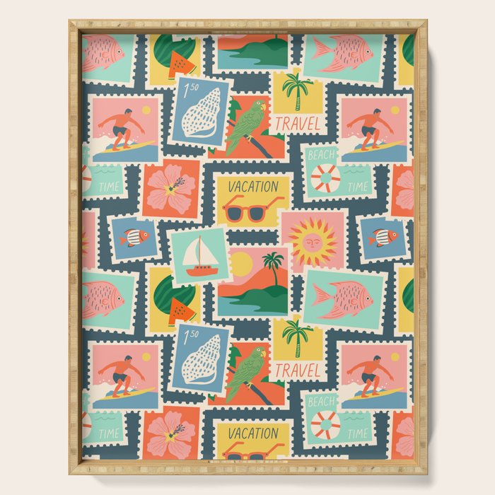 Summer travel postage stamp sticker pattern Serving Tray Gallery Image 1